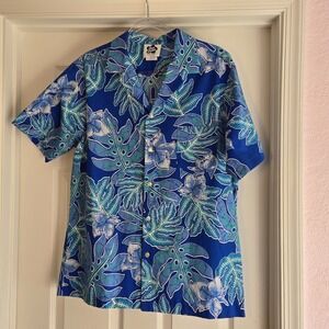 Hilo Hattie Hawaiian Shirt L Blue Floral‎ Hawaii Usa Men's Size L Vintage Beach